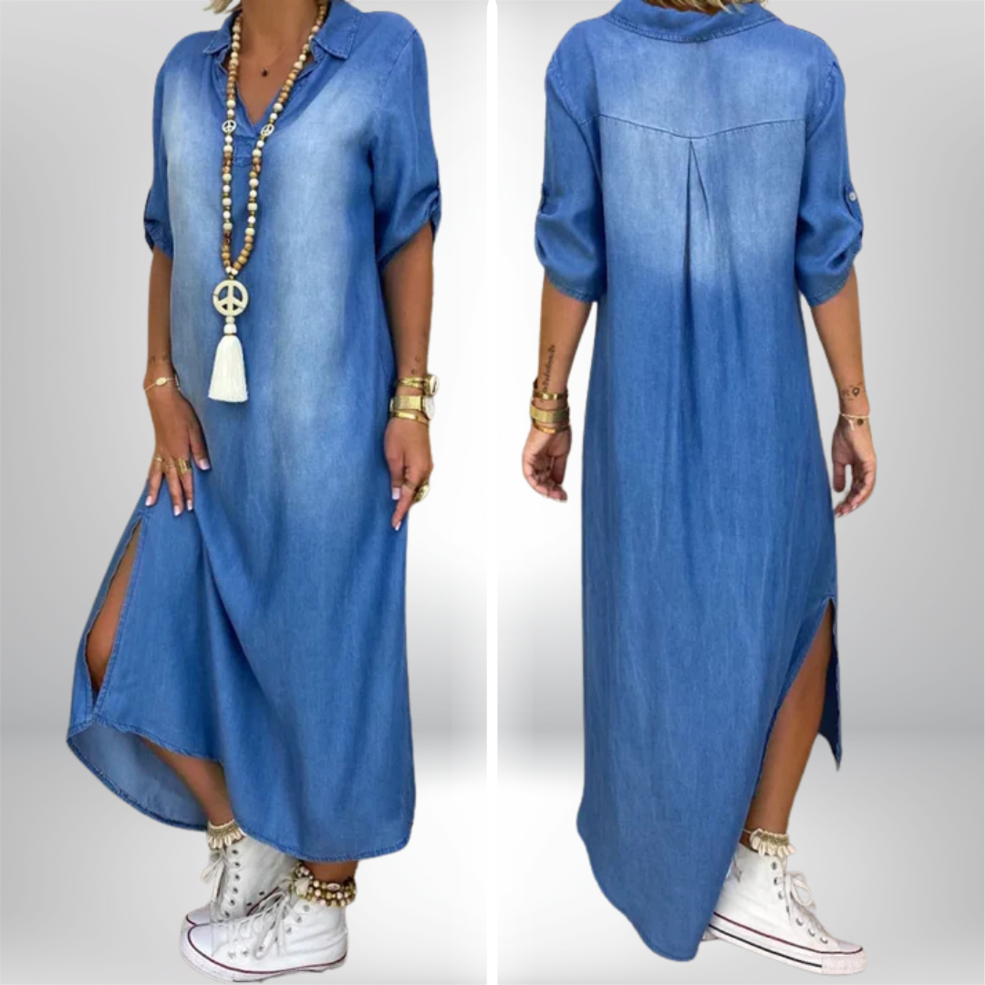AMIRA™ | Langes Jeanskleid mit modernem Schlitz