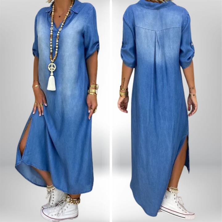 AMIRA™ | Langes Jeanskleid mit modernem Schlitz